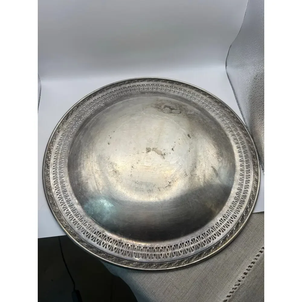 Vintage Wm Rogers & Son Silverplate Round Tray Spring Flower Pierced Rim